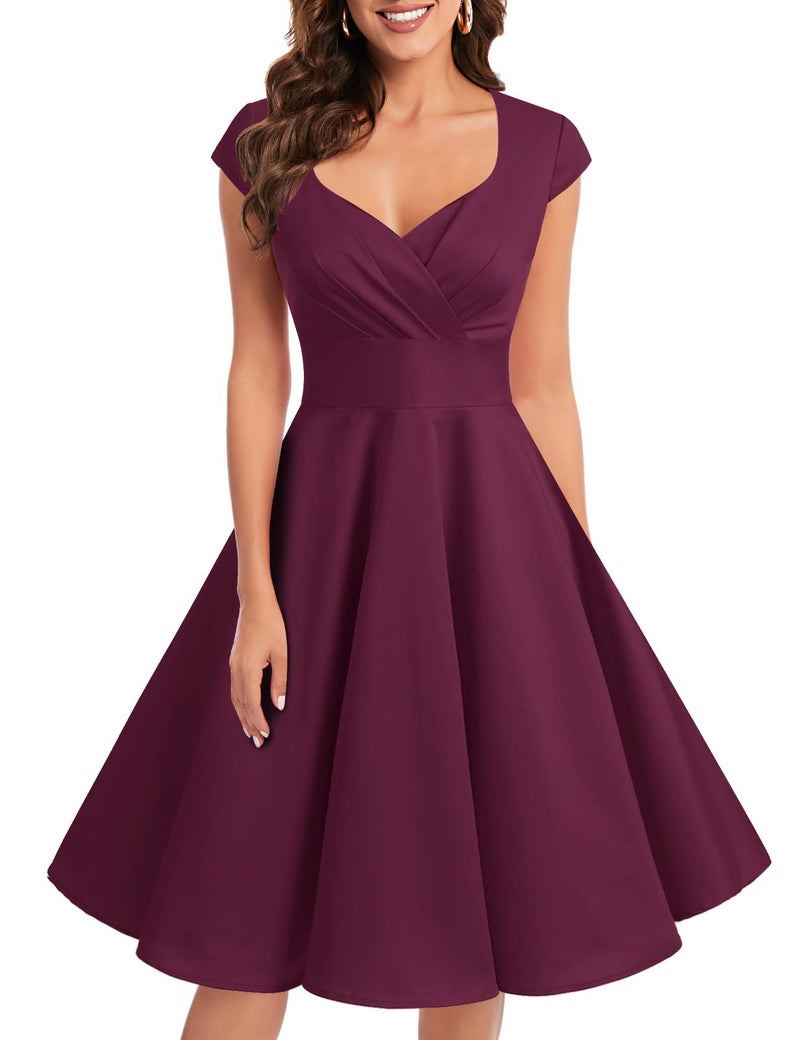 Bbonlinedress Women Plus Size Vintage 1950s Retro Christmas Cocktail Party Swing Dress Formal Wedding Guest Dress Burgundy 2XL - Image 1